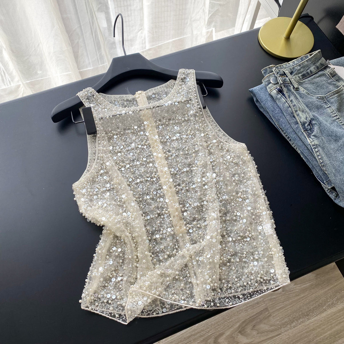Luxury Pearl Beaded Sleeveless Top – Sparkly